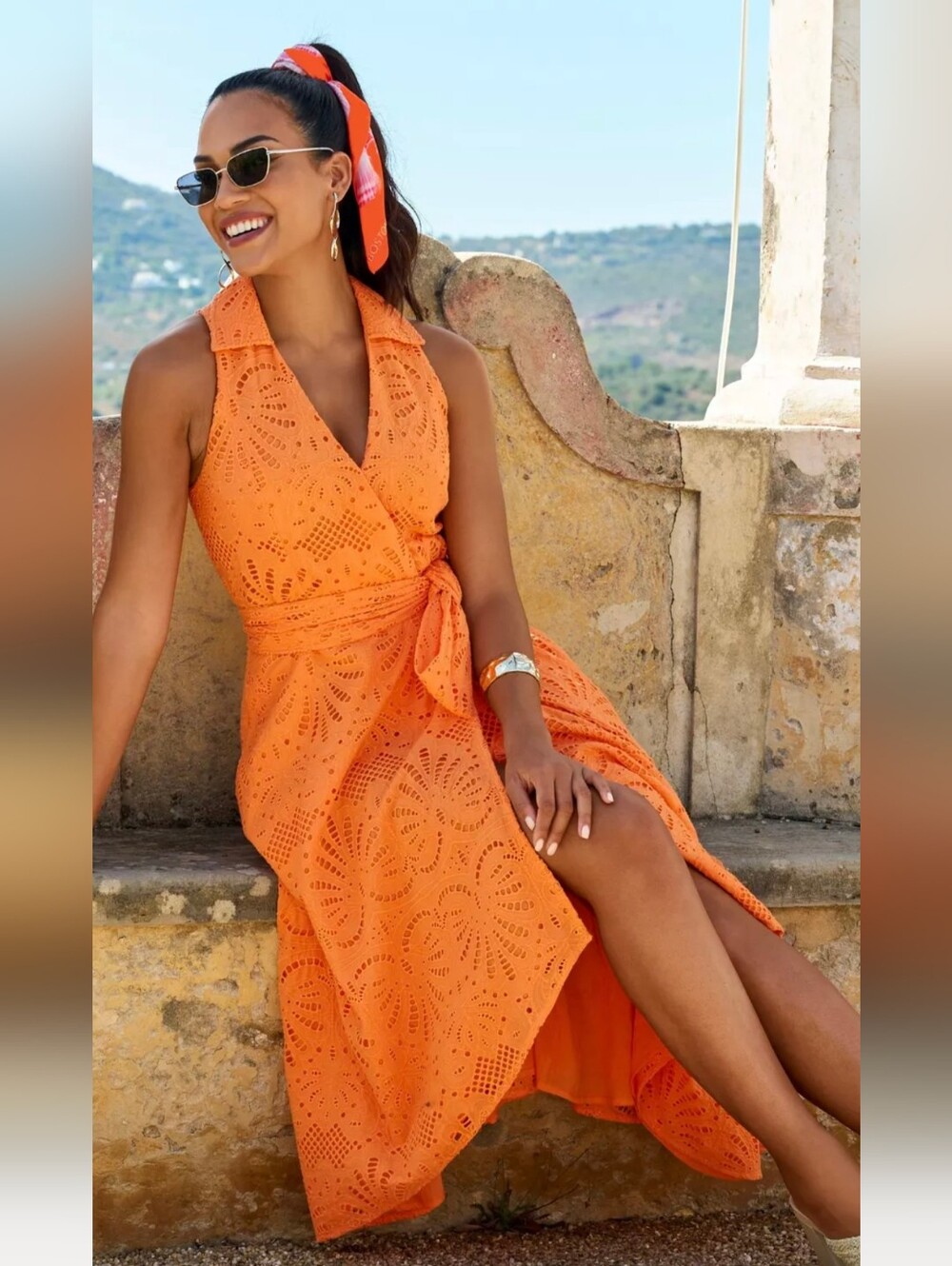 Boston Proper Orange Eyelet Sleeveless Maxi Dress with Tie Waist